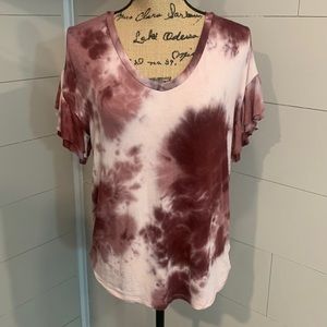 Blue Rain Tie Dye Ruffle Sleeve T Shirt - Burgundy Pink — Oversized